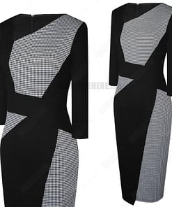 Patchwork Cotton Sheath Dress for Work DRESSES FOR WORK color: Apricot and black|apricot Lake blue|Blue and black|Blue long sleeve|Gray and Black|Red long sleeve|White and black|White and gray|White Houndstooth|White long sleeve
