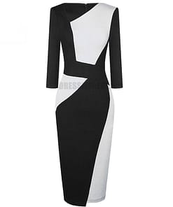 Patchwork Cotton Sheath Dress for Work DRESSES FOR WORK color: Apricot and black|apricot Lake blue|Blue and black|Blue long sleeve|Gray and Black|Red long sleeve|White and black|White and gray|White Houndstooth|White long sleeve