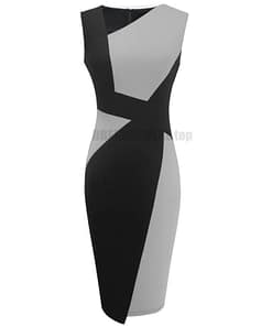 Patchwork Cotton Sheath Dress for Work DRESSES FOR WORK Color: Gray and Black Size: S