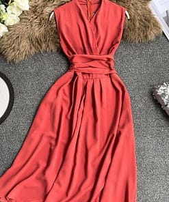 Fit And Flare Sleeveless Cross Drawstring Dress For Work DRESSES FOR WORK color: Black|Burgundy|Green|Khaki|Light blue|Pink|Yellow