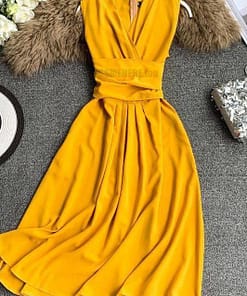 Fit And Flare Sleeveless Cross Drawstring Dress For Work DRESSES FOR WORK color: Black|Burgundy|Green|Khaki|Light blue|Pink|Yellow