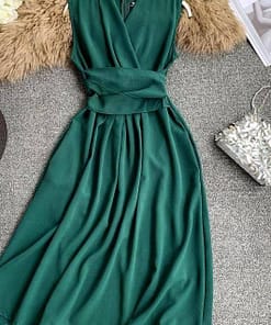 Fit And Flare Sleeveless Cross Drawstring Dress For Work DRESSES FOR WORK color: Black|Burgundy|Green|Khaki|Light blue|Pink|Yellow