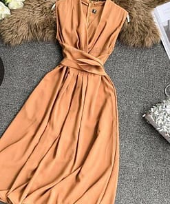 Fit And Flare Sleeveless Cross Drawstring Dress For Work DRESSES FOR WORK color: Black|Burgundy|Green|Khaki|Light blue|Pink|Yellow