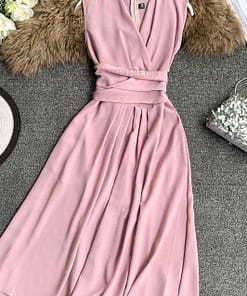 Fit And Flare Sleeveless Cross Drawstring Dress For Work DRESSES FOR WORK color: Black|Burgundy|Green|Khaki|Light blue|Pink|Yellow