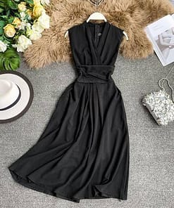 Fit And Flare Sleeveless Cross Drawstring Dress For Work DRESSES FOR WORK Color: Black Size: One Size