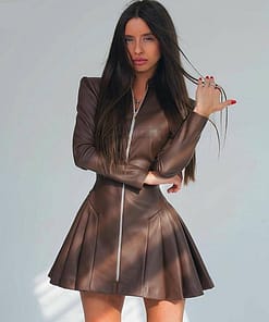 Long Sleeve Zip Up Faux Leather Dress LONG SLEEVE ZIP UP DRESSES color: Black|Brown