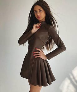 Long Sleeve Zip Up Faux Leather Dress LONG SLEEVE ZIP UP DRESSES color: Black|Brown