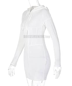 Long Sleeve Zip Up Hooded Ribbed Mini Dress LONG SLEEVE ZIP UP DRESSES color: White