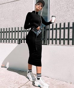 Neon Zip Up Autumn Long Sexy Zipper Front Long Sleeve Bandage Dress NEON ZIP UP DRESSES Color: Black Size: L