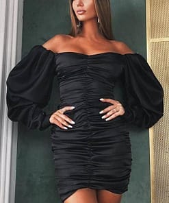 Satin Tulip Hem Mini Dress Long Puff Sleeves SATIN TULIP HEM MINI DRESSES color: Black|Gray|Pink|Red