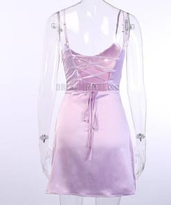 Satin Tulip Hem Mini Spaghetti Straps High Waist Dress SATIN TULIP HEM MINI DRESSES color: Pink|Purple