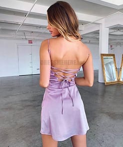 Satin Tulip Hem Mini Spaghetti Straps High Waist Dress SATIN TULIP HEM MINI DRESSES color: Pink|Purple