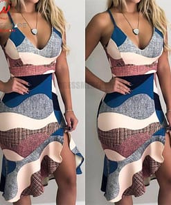 Sexy Summer Dress Trumpet Patchwork V-Neck Print Asymmetrical Hem Dress SEXY SUMMER DRESSESES color: Multi