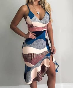 Sexy Summer Trumpet Patchwork V-Neck Print Asymmetrical Hem Dress SEXY SUMMER DRESSESES Color: Multi Size: S