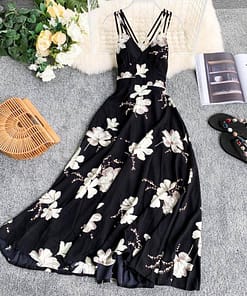 Spaghetti Strap Summer Floral Print Long Dress SPAGHETTI STRAP SUMMER DRESSESES color: Black|Navy Blue|Pink|Red