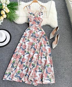 Spaghetti Strap Summer Floral Print Long Dress SPAGHETTI STRAP SUMMER DRESSESES color: Black|Navy Blue|Pink|Red