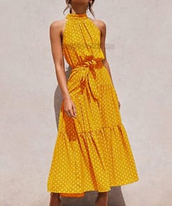 Daytime Summer Long Polka Dot Dress DAYTIME DRESSES color: Beige|Black|Brown|dark blue|Dark Red|Green|Red|Red 100 Polyester|Royal Blue|Yellow|Yellow 100 Polyester