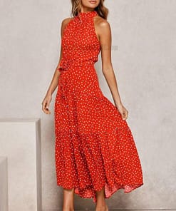 Daytime Summer Long Polka Dot Dress DAYTIME DRESSES color: Beige|Black|Brown|dark blue|Dark Red|Green|Red|Red 100 Polyester|Royal Blue|Yellow|Yellow 100 Polyester
