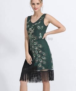 Flapper Vintage Peacock Embroidery Fringe Dress FLAPPER DRESSES color: Army green|Black|Royal Blue|Wine