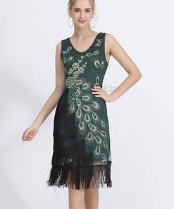 Flapper Vintage Peacock Embroidery Fringe Dress FLAPPER DRESSES color: Army green|Black|Royal Blue|Wine