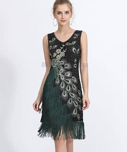 Flapper Vintage Peacock Embroidery Fringe Dress FLAPPER DRESSES color: Army green|Black|Royal Blue|Wine