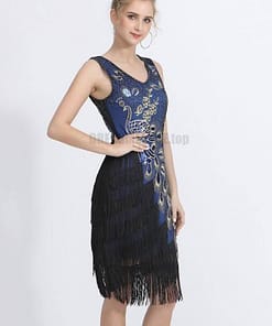 Flapper Vintage Peacock Embroidery Fringe Dress FLAPPER DRESSES color: Army green|Black|Royal Blue|Wine