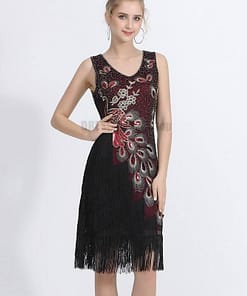 Flapper Vintage Peacock Embroidery Fringe Dress FLAPPER DRESSES color: Army green|Black|Royal Blue|Wine
