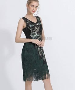 Flapper Vintage Peacock Embroidery Fringe Dress FLAPPER DRESSES color: Army green|Black|Royal Blue|Wine
