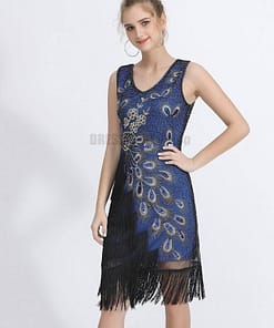Flapper Vintage Peacock Embroidery Fringe Dress FLAPPER DRESSES Color: Royal Blue Size: L
