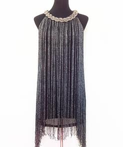 Flapper Metal Chain Halter Fringe Dress FLAPPER DRESSES color: beige with black|blue with black|fushia with black|pure black|pure blue|pure red|pure white|red with black|silver with black|white with black
