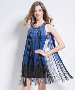 Flapper Metal Chain Halter Fringe Dress FLAPPER DRESSES color: beige with black|blue with black|fushia with black|pure black|pure blue|pure red|pure white|red with black|silver with black|white with black