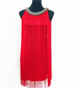 Flapper Metal Chain Halter Fringe Dress FLAPPER DRESSES color: beige with black|blue with black|fushia with black|pure black|pure blue|pure red|pure white|red with black|silver with black|white with black