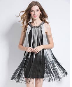 Flapper Metal Chain Halter Fringe Dress FLAPPER DRESSES color: beige with black|blue with black|fushia with black|pure black|pure blue|pure red|pure white|red with black|silver with black|white with black