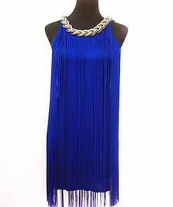 Flapper Metal Chain Halter Fringe Dress FLAPPER DRESSES color: beige with black|blue with black|fushia with black|pure black|pure blue|pure red|pure white|red with black|silver with black|white with black