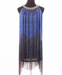 Flapper Metal Chain Halter Fringe Dress FLAPPER DRESSES color: beige with black|blue with black|fushia with black|pure black|pure blue|pure red|pure white|red with black|silver with black|white with black