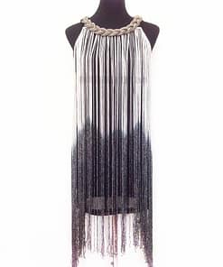 Flapper Metal Chain Halter Fringe Dress FLAPPER DRESSES color: beige with black|blue with black|fushia with black|pure black|pure blue|pure red|pure white|red with black|silver with black|white with black