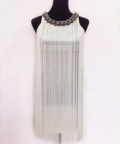 Flapper Metal Chain Halter Fringe Dress FLAPPER DRESSES color: beige with black|blue with black|fushia with black|pure black|pure blue|pure red|pure white|red with black|silver with black|white with black