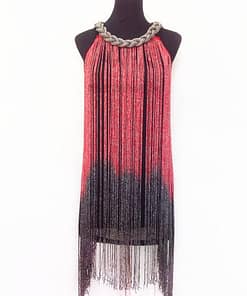 Flapper Metal Chain Halter Fringe Dress FLAPPER DRESSES color: beige with black|blue with black|fushia with black|pure black|pure blue|pure red|pure white|red with black|silver with black|white with black