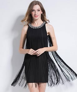 Flapper Metal Chain Halter Fringe Dress FLAPPER DRESSES color: beige with black|blue with black|fushia with black|pure black|pure blue|pure red|pure white|red with black|silver with black|white with black