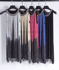 Flapper Metal Chain Halter Fringe Dress FLAPPER DRESSES color: beige with black|blue with black|fushia with black|pure black|pure blue|pure red|pure white|red with black|silver with black|white with black