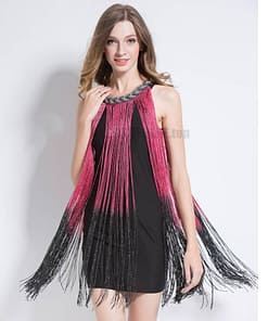 Flapper Metal Chain Halter Fringe Dress FLAPPER DRESSES color: beige with black|blue with black|fushia with black|pure black|pure blue|pure red|pure white|red with black|silver with black|white with black
