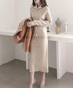 Thumb Hole Autumn Winter Turtleneck Long Sweater Dress THUMB HOLE DRESSES color: Beige|Black|Brown|Dark Grey|Khaki|White