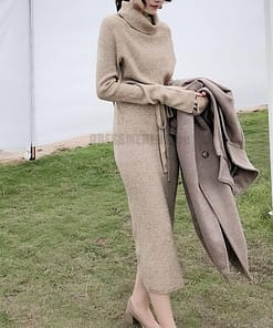 Thumb Hole Autumn Winter Turtleneck Long Sweater Dress THUMB HOLE DRESSES color: Beige|Black|Brown|Dark Grey|Khaki|White