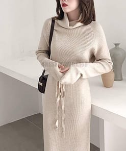 Thumb Hole Autumn Winter Turtleneck Long Sweater Dress THUMB HOLE DRESSES color: Beige|Black|Brown|Dark Grey|Khaki|White