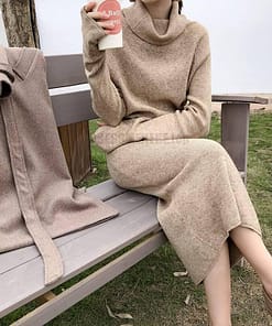 Thumb Hole Autumn Winter Turtleneck Long Sweater Dress THUMB HOLE DRESSES color: Beige|Black|Brown|Dark Grey|Khaki|White