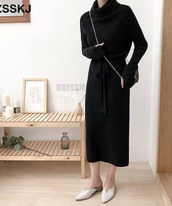 Thumb Hole Autumn Winter Turtleneck Long Sweater Dress THUMB HOLE DRESSES Color: Black Size: One Size