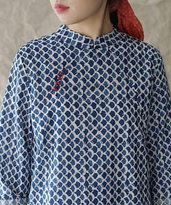 Buckle Retro Stand Plate Floral Print Dress BUCKLE DRESSES color: Blue