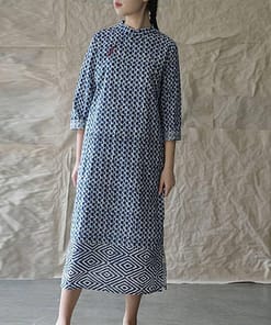 Buckle Retro Stand Plate Floral Print Dress BUCKLE DRESSES color: Blue