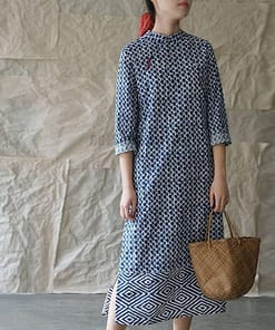 Buckle Retro Stand Plate Floral Print Dress BUCKLE DRESSES color: Blue