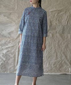 Buckle Retro Stand Plate Floral Print Dress BUCKLE DRESSES Color: Blue Size: L